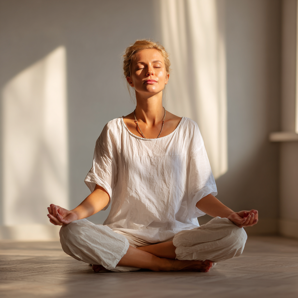 Усміхнена європейська жінка середніх років практикує йогу в просторій студії з натуральним освітленням